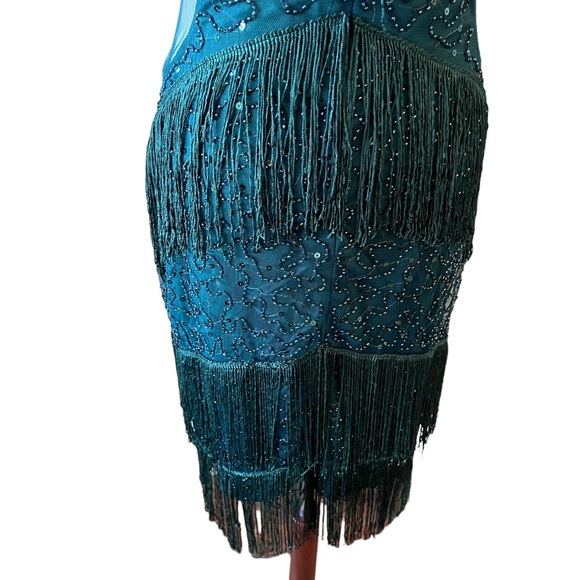 Embroidery Multi-Layered flapper style Tassel Dress in deep emerald green NWT - Picture 9 of 11